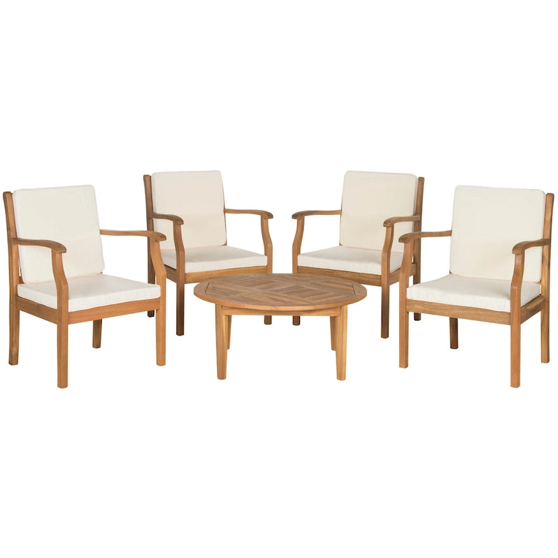 SAFAVIEH Outdoor Living Colfax Brown Acacia Wood 5-piece Beige Cushion Patio Set - Natural/Beige - 35 W x 35 D x 14 H