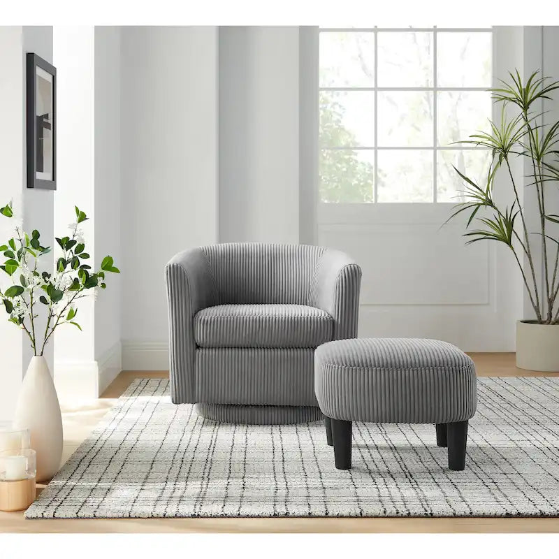 360° Rotating Accent Chair with Ottoman Set - Corduroy Velvet Armchair Sofa - Modern Swivel Lounge Chair