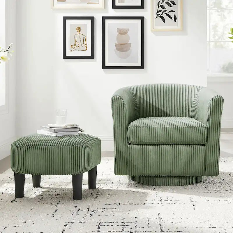 360° Rotating Accent Chair with Ottoman Set - Corduroy Velvet Armchair Sofa - Modern Swivel Lounge Chair