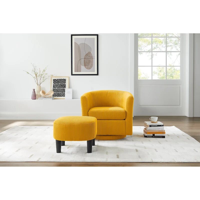 360° Rotating Accent Chair with Ottoman Set - Corduroy Velvet Armchair Sofa - Modern Swivel Lounge Chair