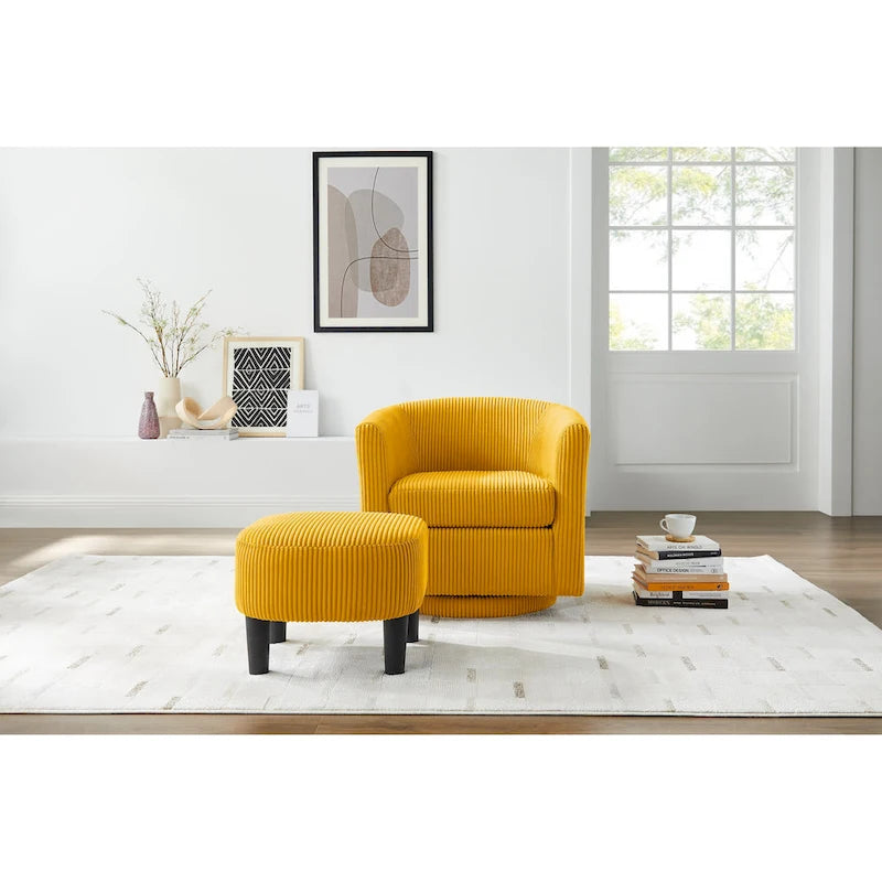360° Rotating Accent Chair with Ottoman Set - Corduroy Velvet Armchair Sofa - Modern Swivel Lounge Chair