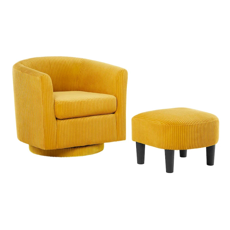 360° Rotating Accent Chair with Ottoman Set - Corduroy Velvet Armchair Sofa - Modern Swivel Lounge Chair