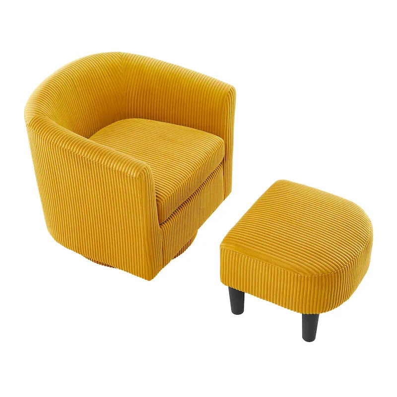 360° Rotating Accent Chair with Ottoman Set - Corduroy Velvet Armchair Sofa - Modern Swivel Lounge Chair