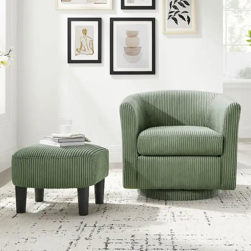 360° Rotating Accent Chair with Ottoman Set - Corduroy Velvet Armchair Sofa - Modern Swivel Lounge Chair