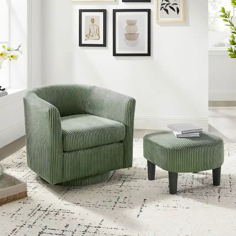 360° Rotating Accent Chair with Ottoman Set - Corduroy Velvet Armchair Sofa - Modern Swivel Lounge Chair