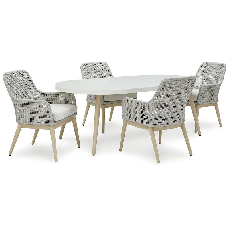 Brown Gray 5-Piece Outdoor Dining Set with Oval Table and Cushioned Chairs