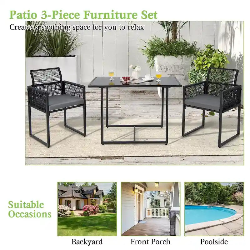 Costway 3 PCS Patio PE Wicker Furniture Set CushionedChairs with - See Details