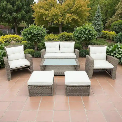 6-Piece Outdoor Patio Rattan Conversation Sofa Set with Tempered Glass Coffee Table and Ottoman