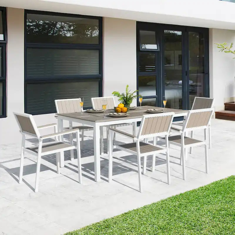 Outdoor Dining Set for 6, Patio Table with Umbrella Hole, Stackable Design