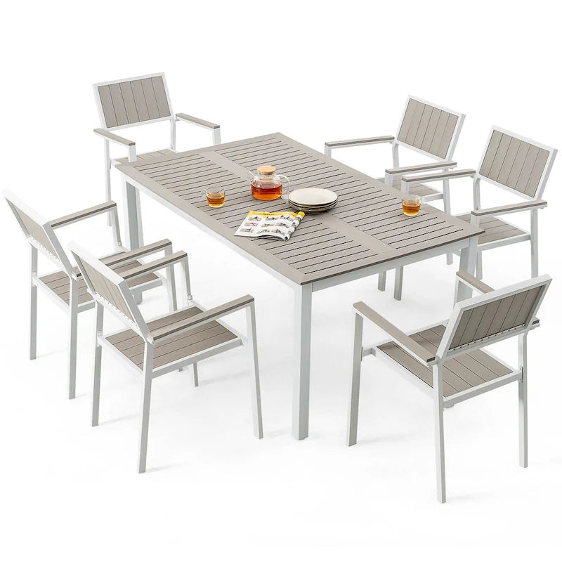 Outdoor Dining Set for 6, Patio Table with Umbrella Hole, Stackable Design