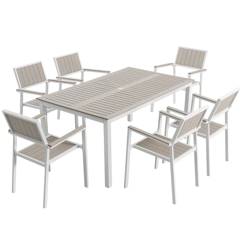Outdoor Dining Set for 6, Patio Table with Umbrella Hole, Stackable Design
