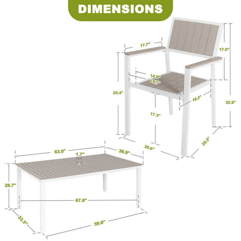 Outdoor Dining Set for 6, Patio Table with Umbrella Hole, Stackable Design
