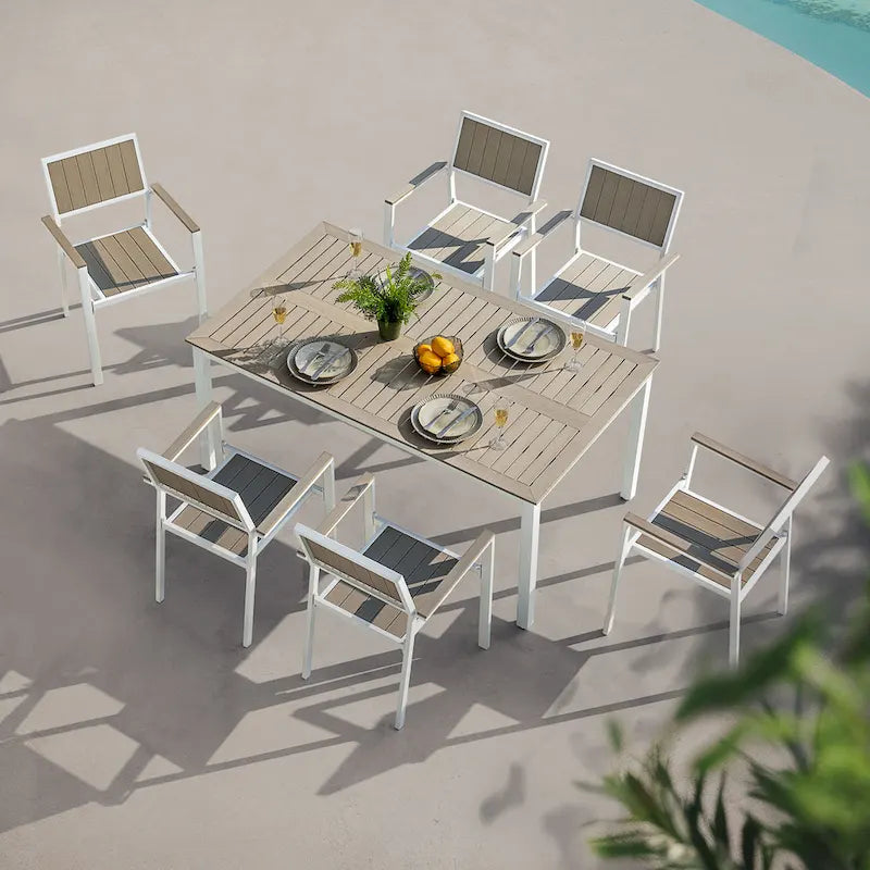 Outdoor Dining Set for 6, Patio Table with Umbrella Hole, Stackable Design
