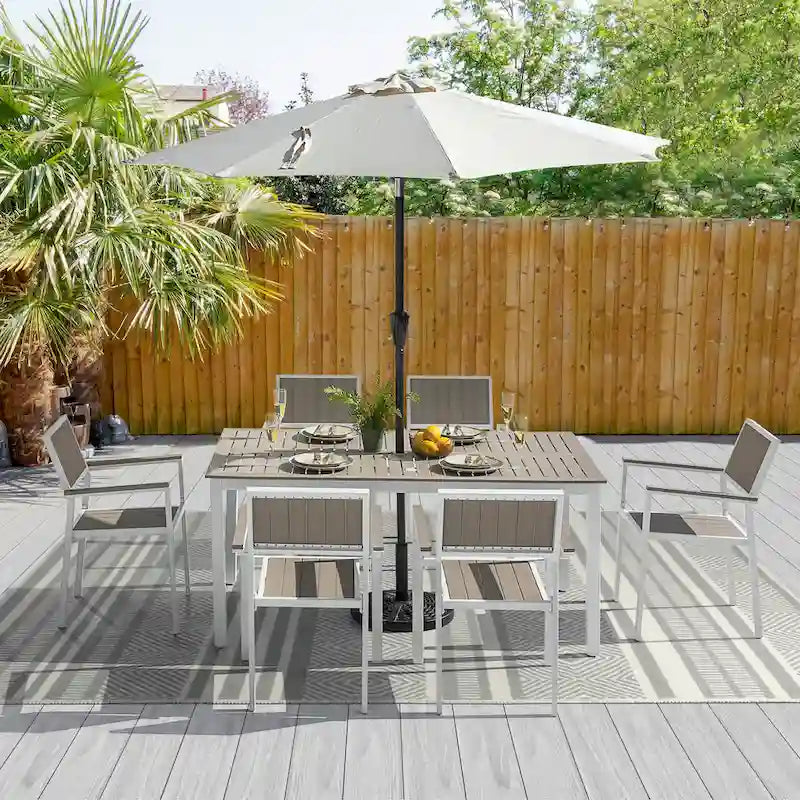 Outdoor Dining Set for 6, Patio Table with Umbrella Hole, Stackable Design