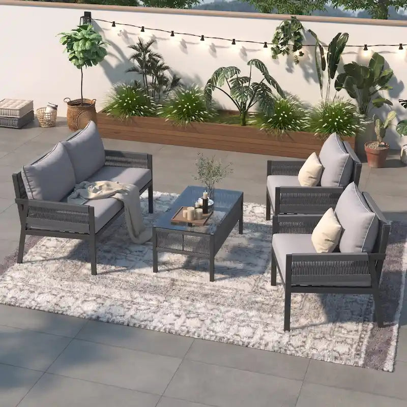 Rope Patio Sofa Set 4-Piece Loveseat & Chairs