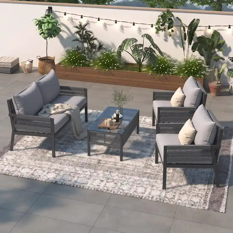 Rope Patio Sofa Set 4-Piece Loveseat & Chairs