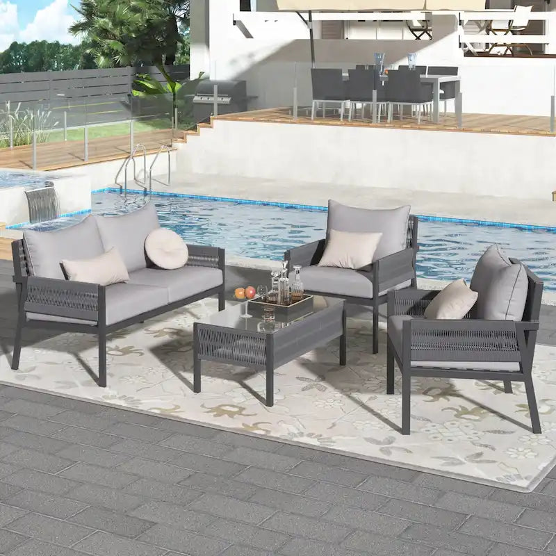 Rope Patio Sofa Set 4-Piece Loveseat & Chairs