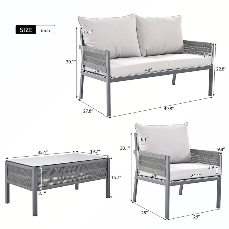 Rope Patio Sofa Set 4-Piece Loveseat & Chairs