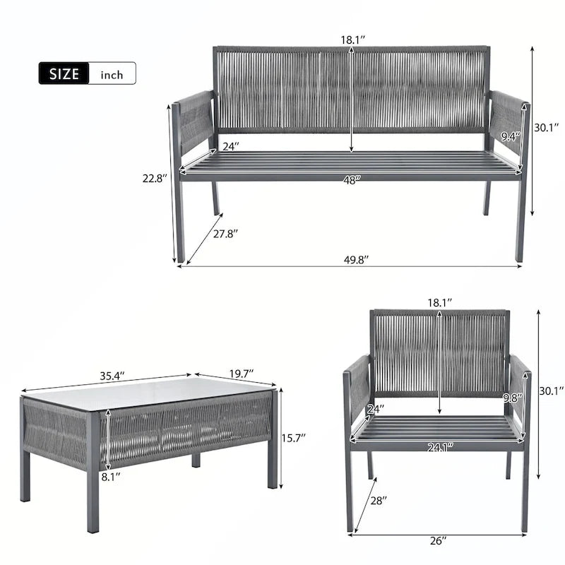 Rope Patio Sofa Set 4-Piece Loveseat & Chairs