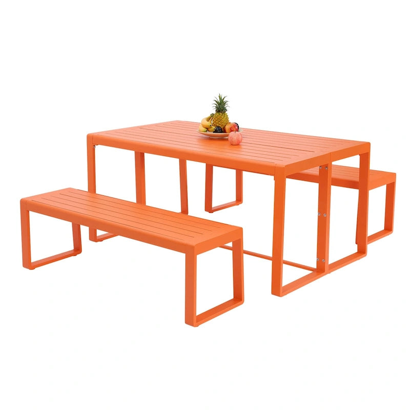 Aoodor 3-Piece Outdoor Patio Dining Set, Aluminum Furniture Set with 1 Rectangular Picnic Table and 2 Benches - N/A