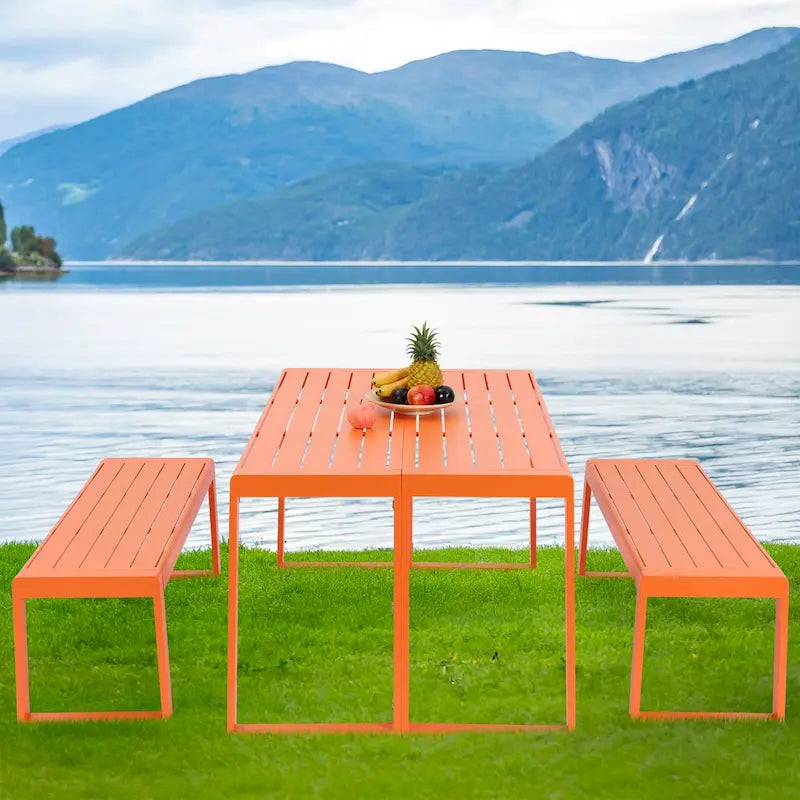 Aoodor 3-Piece Outdoor Patio Dining Set, Aluminum Furniture Set with 1 Rectangular Picnic Table and 2 Benches - N/A