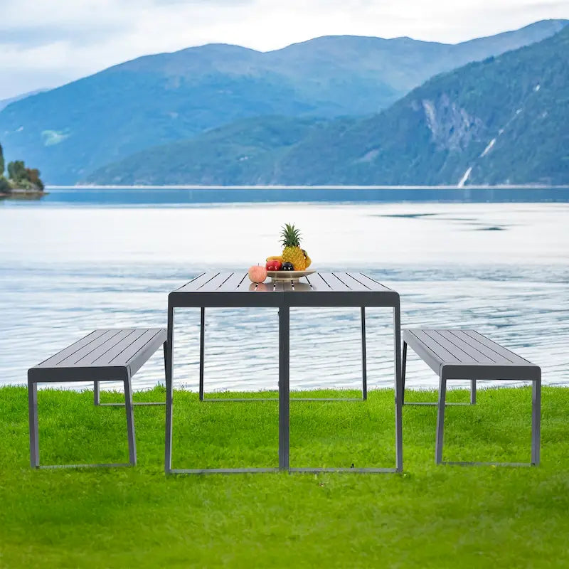 Aoodor 3-Piece Outdoor Patio Dining Set, Aluminum Furniture Set with 1 Rectangular Picnic Table and 2 Benches - N/A