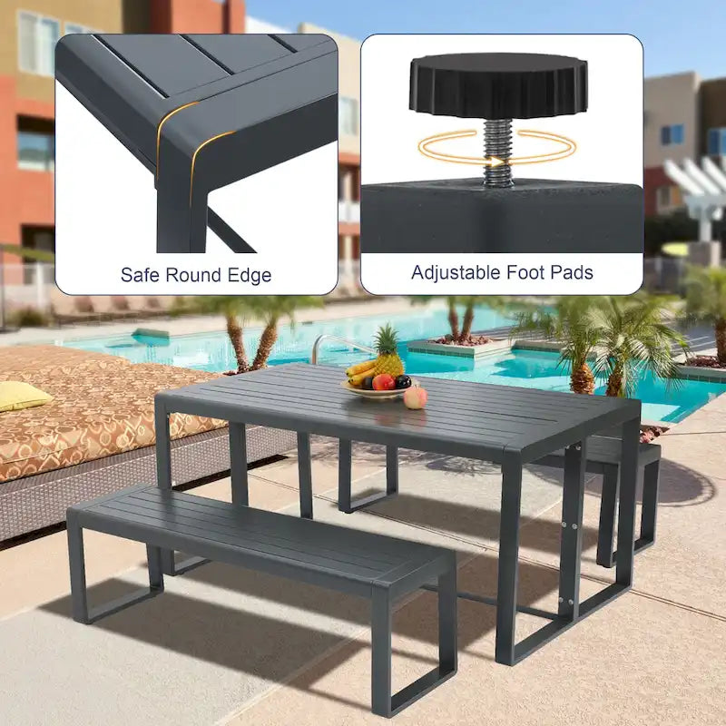 Aoodor 3-Piece Outdoor Patio Dining Set, Aluminum Furniture Set with 1 Rectangular Picnic Table and 2 Benches - N/A