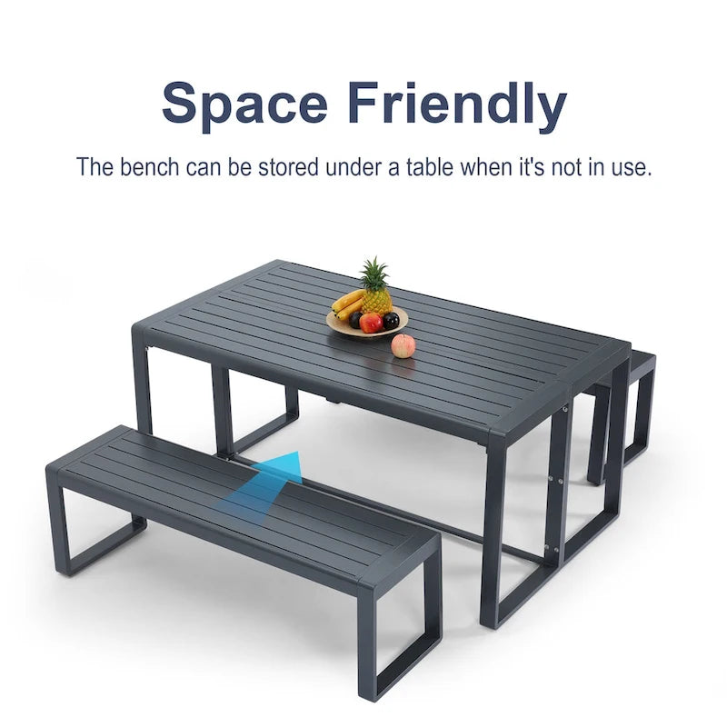 Aoodor 3-Piece Outdoor Patio Dining Set, Aluminum Furniture Set with 1 Rectangular Picnic Table and 2 Benches - N/A