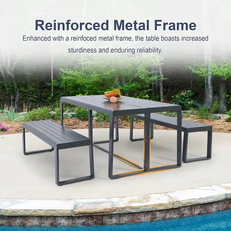 Aoodor 3-Piece Outdoor Patio Dining Set, Aluminum Furniture Set with 1 Rectangular Picnic Table and 2 Benches - N/A