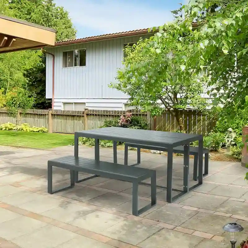 Aoodor 3-Piece Outdoor Patio Dining Set, Aluminum Furniture Set with 1 Rectangular Picnic Table and 2 Benches - N/A