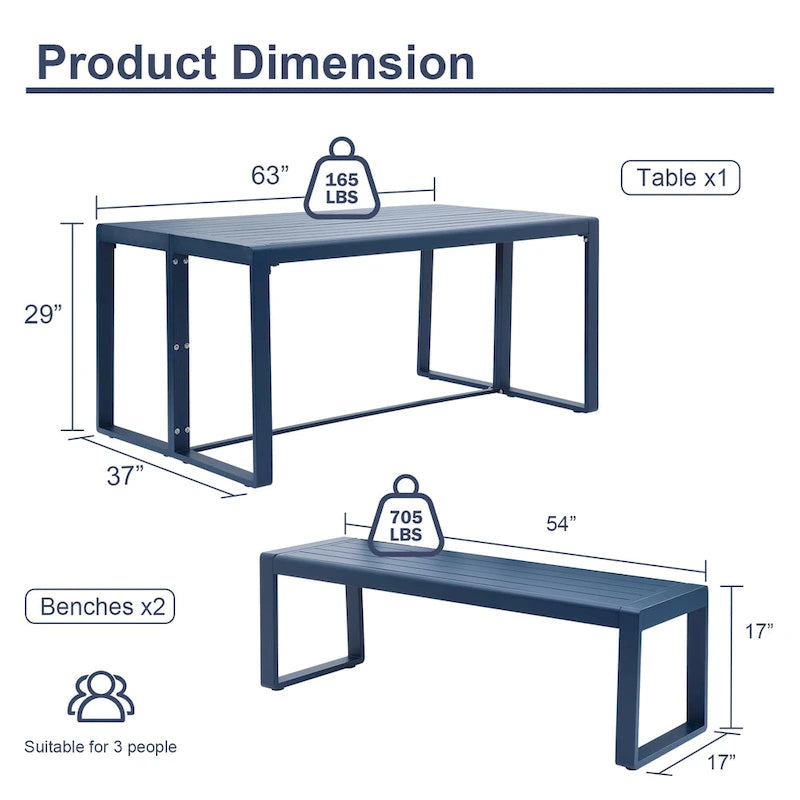 Aoodor 3-Piece Outdoor Patio Dining Set, Aluminum Furniture Set with 1 Rectangular Picnic Table and 2 Benches - N/A