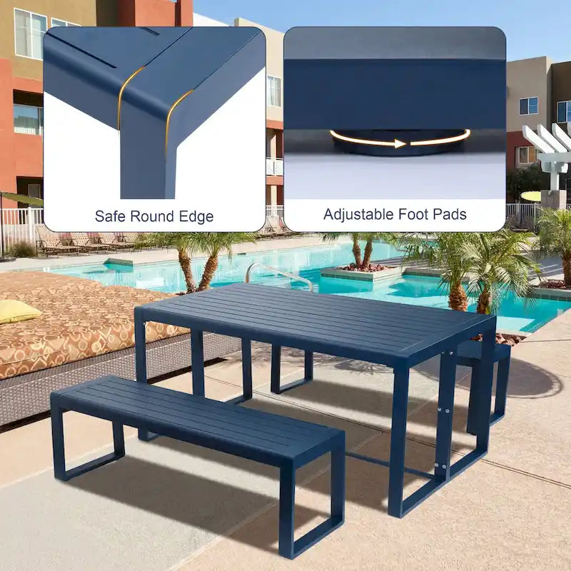 Aoodor 3-Piece Outdoor Patio Dining Set, Aluminum Furniture Set with 1 Rectangular Picnic Table and 2 Benches - N/A