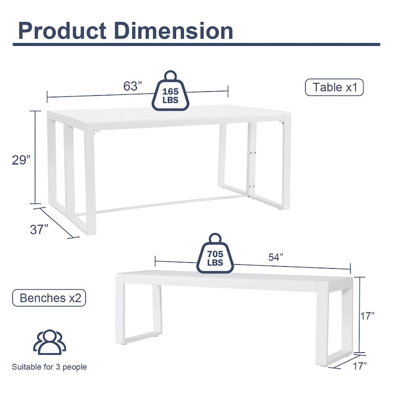 Aoodor 3-Piece Outdoor Patio Dining Set, Aluminum Furniture Set with 1 Rectangular Picnic Table and 2 Benches - N/A