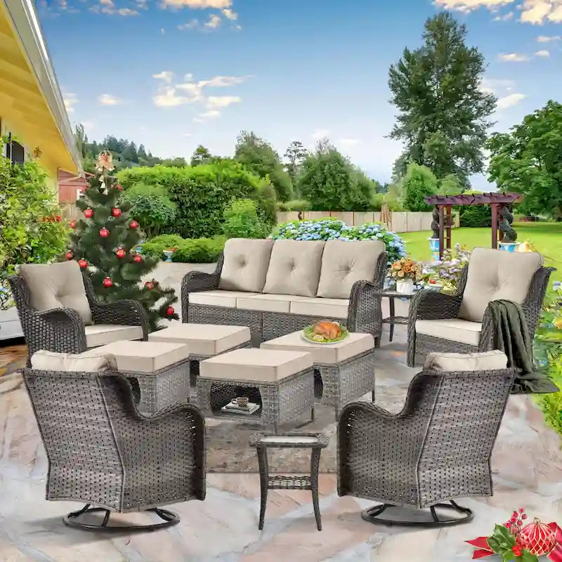 Patio Furniture-11 Piece Wicker Patio Furniture Set with Swivel Chairs