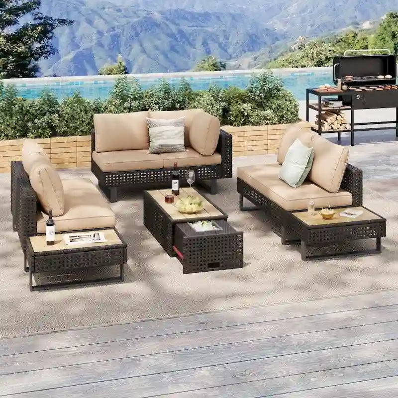 5-Piece Weave Patio Sectional Furniture Set with Extendable Coffee Table with Ice Bucket