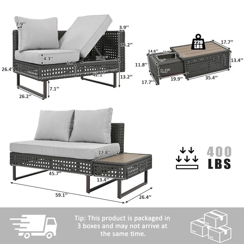 5-Piece Weave Patio Sectional Furniture Set with Extendable Coffee Table with Ice Bucket