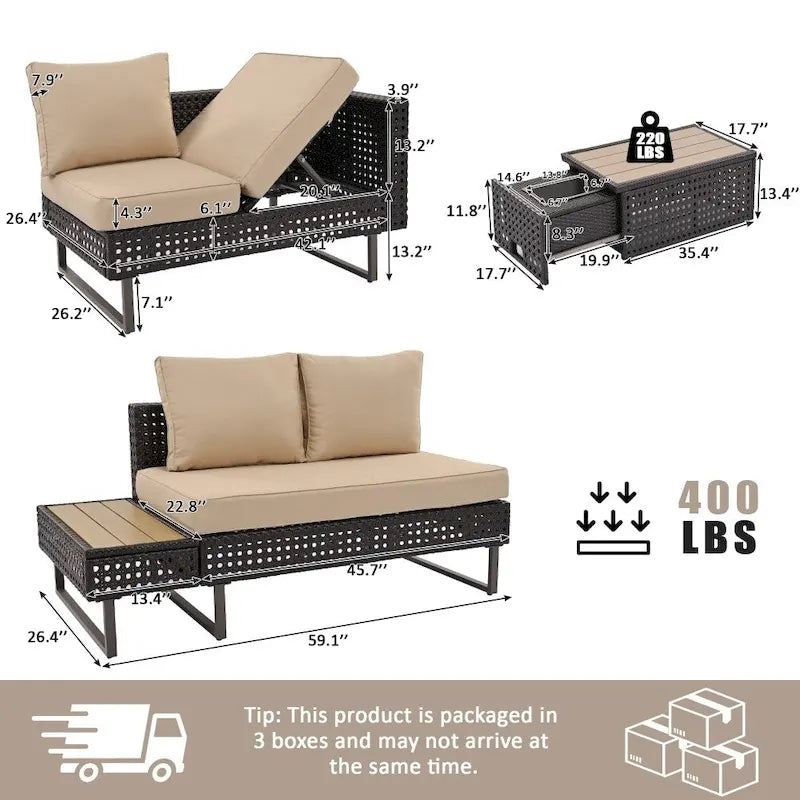 5-Piece Weave Patio Sectional Furniture Set with Extendable Coffee Table with Ice Bucket