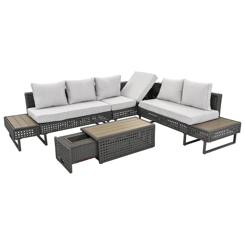 5-Piece Weave Patio Sectional Furniture Set with Extendable Coffee Table with Ice Bucket