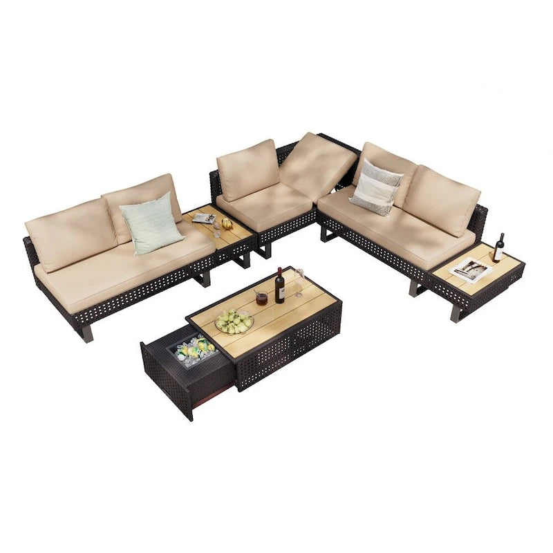 5-Piece Weave Patio Sectional Furniture Set with Extendable Coffee Table with Ice Bucket