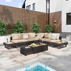 5-Piece Weave Patio Sectional Furniture Set with Extendable Coffee Table with Ice Bucket