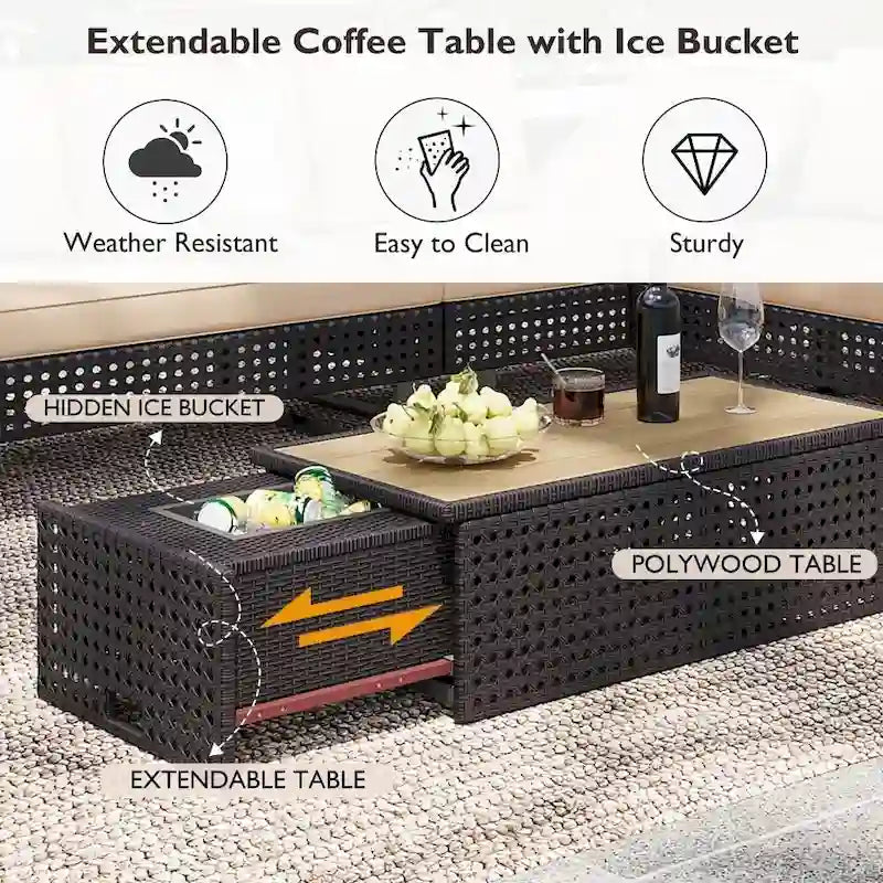 5-Piece Weave Patio Sectional Furniture Set with Extendable Coffee Table with Ice Bucket
