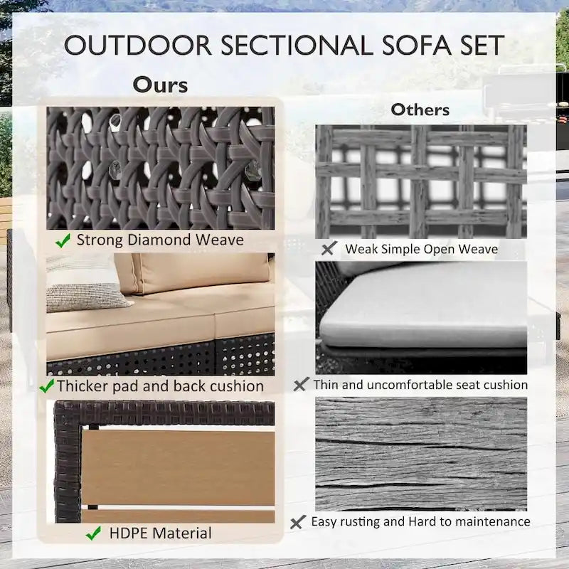 5-Piece Weave Patio Sectional Furniture Set with Extendable Coffee Table with Ice Bucket