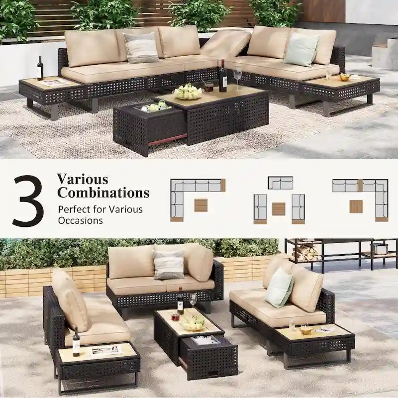 5-Piece Weave Patio Sectional Furniture Set with Extendable Coffee Table with Ice Bucket