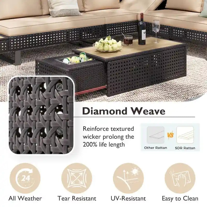 5-Piece Weave Patio Sectional Furniture Set with Extendable Coffee Table with Ice Bucket