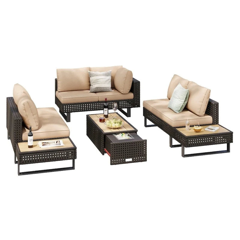 5-Piece Weave Patio Sectional Furniture Set with Extendable Coffee Table with Ice Bucket