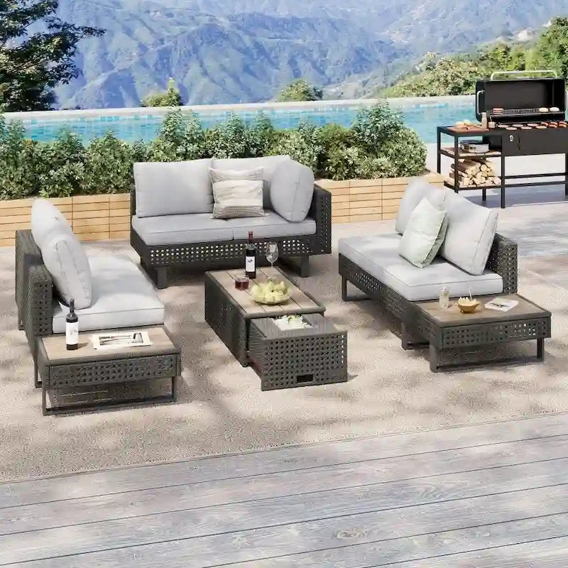 5-Piece Weave Patio Sectional Furniture Set with Extendable Coffee Table with Ice Bucket