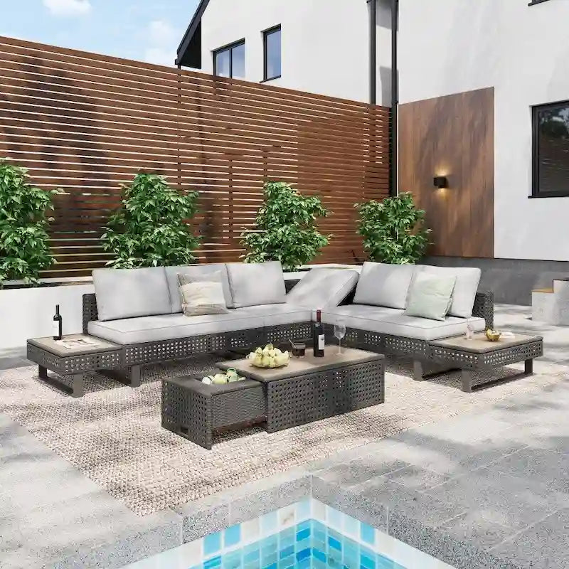 5-Piece Weave Patio Sectional Furniture Set with Extendable Coffee Table with Ice Bucket