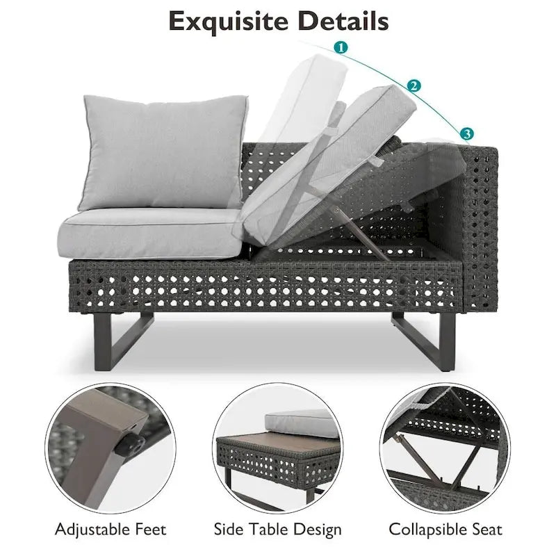 5-Piece Weave Patio Sectional Furniture Set with Extendable Coffee Table with Ice Bucket