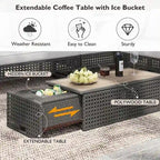 5-Piece Weave Patio Sectional Furniture Set with Extendable Coffee Table with Ice Bucket