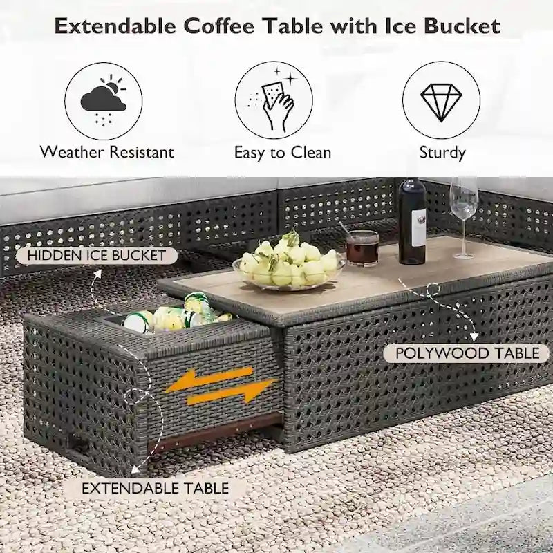 5-Piece Weave Patio Sectional Furniture Set with Extendable Coffee Table with Ice Bucket